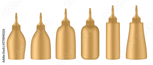 Set of squeeze bottles. Gold bottle with tip cap. Dispensing cap. Colorful hair dye.	