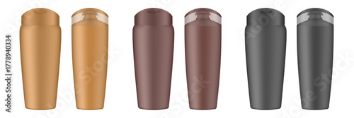 Set of black, brown, and beige shampoo and conditioner bottles. Realistic mockup. Korean packaging. Lotion or shower gel. Hair treatment, mask. Cosmetic bottle with transparent cap