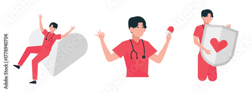 Illustration Medical team with heart and shield symbols representing protection and healthcare support.