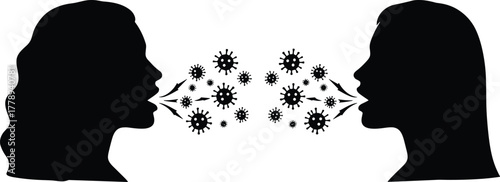Silhouette people talking and spreading virus particles, airborne disease transmission concept, infection prevention awareness, contagious illness spread illustration for medical safety 
