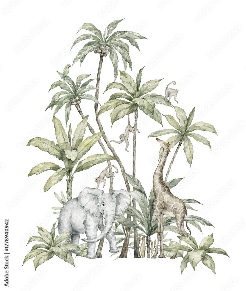 Fototapeta premium Watercolor composition with African animals, nature elements. Giraffe, elephant, monkeys, parrots, palm trees, greenery. Safari, wild jungle, tropical illustration