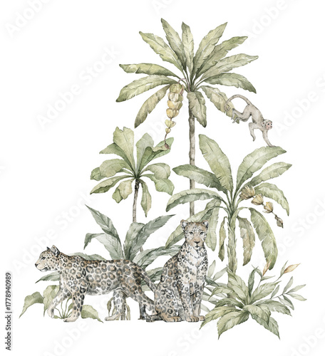 Canvas Print Watercolor jungle with leopards and palm trees