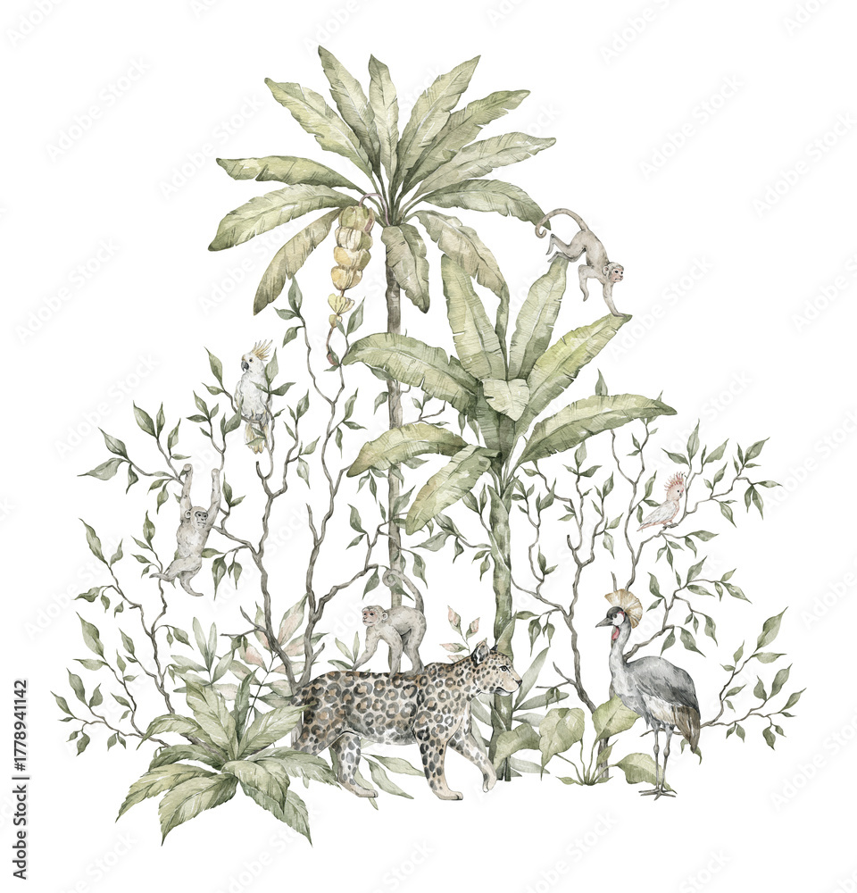 Obraz premium Watercolor Jungle animals and nature elements. Palm trees, panther, crane, parrot, monkey, tropical illustratiion in Chinoiserie style