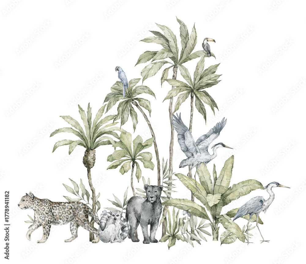 Obraz premium Watercolor composition with jungle animals, palm trees. Panter, leopard, heron, lemur, parrot. Wild jungle nature, exotic tropical illustration for cards, posters, invites, nursery wallpaper