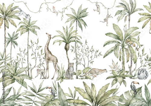 Photography Watercolor seamless border with tropical nature, palms, wild animals, birds