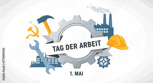 German Labor Day May 1st with Industrial Symbols and Tools.