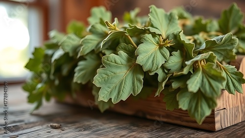 tolerable. Close-up of dried lovage leaves on a wooden rack with natural morning light. gardening catalogs, home-decor guides, designed for home decor and floral branding, used by sports marketers.