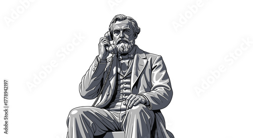 Statue of a historical figure with a beard holding a telephone to his ear against a white background.