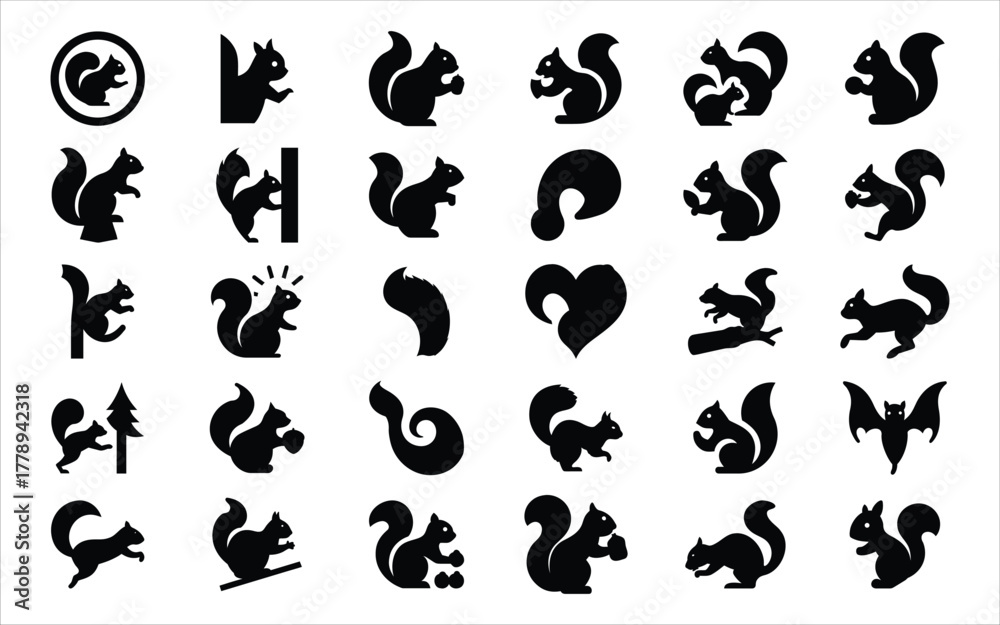 Fototapeta premium Collection of black silhouette squirrel icons and illustrations