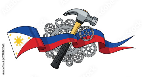 Philippines Industry and Labor Represented by Flag Hammer and Cogs.