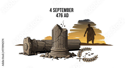 Ancient Roman Empire Ruins and Historical Figure Silhouette.