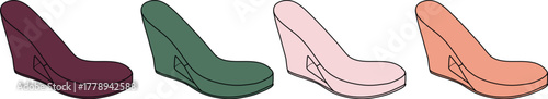 Four colorful wedge-heeled shoes burgundy, emerald, blush, and coral, perfect for fashion