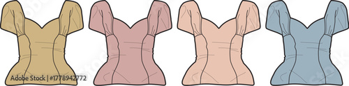 Fashion illustration of four women's tops in different colors, showcasing a stylish garment design and aesthetic