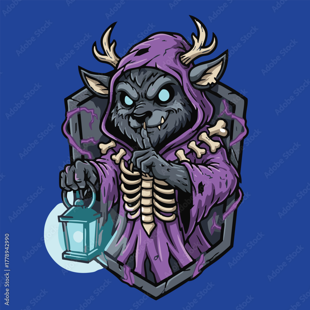 Fototapeta premium A mysterious hooded wolf-like creature with antlers and a bone costume holding a glowing lantern.