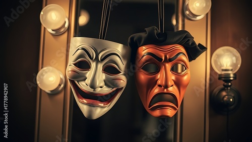 oriflamme. Comedy and tragedy masks hanging before a vintage dressing room mirror in a dim backstage setting. event programs.