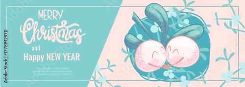Horizontal advertising banner for Christmas and New Year. Lovely berries and mistletoe leaves. A smiling character. Vector illustration for poster, banner, advertisement, flyer