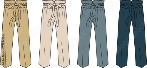 Fashion flat technical drawing illustration featuring multiple views of women's high-waisted wide-leg paperbag pants in various colors for clothing design and apparel concepts