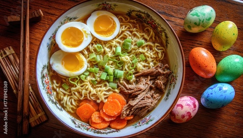 Delicious Bowl of Ramen with Soft Boiled Eggs and Vegetables.