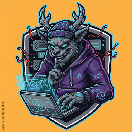 An anthropomorphic wolf with antlers wearing a hoodie, secretly hacking on a futuristic laptop in front of a server rack.