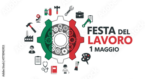 Labor Day Celebration in Italy with Industrial Icons and Italian Flag Colors.