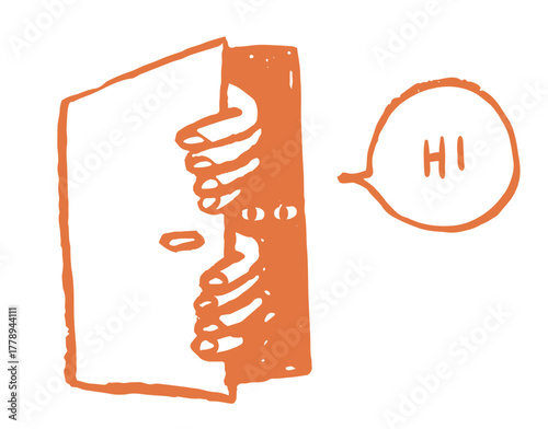 Cartoon doodle character with curious eyes peeking out of opened door standing behind watching, searching or spying vector illustration isolated on pink background. Web icon for we have moved.