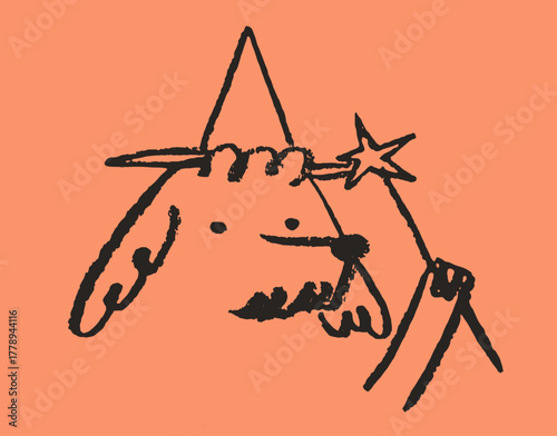 Dog wizard hold magic wand icon for website or badge emblem for educational children courses. Creative funny character mascot in charcoal chalk drawing simple contemporary style. Whimsical poodle art.