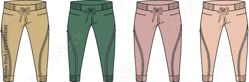 Set of colorful utility jogger pants in four colorways. Technical fashion flat sketch vector template for apparel design and clothing manufacturing mockups