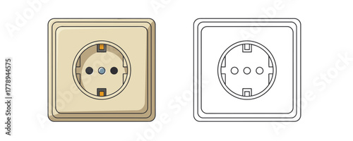 Wall electrical power socket vector illustration in a flat line style, with light beige plastic case, simple domestic electricity supply icon