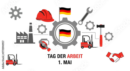 German Labor Day Celebration with Industrial and Patriotic Symbols.