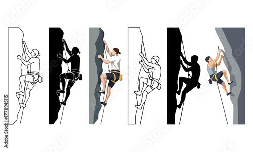 Diverse rock climbers ascending cliff face, multiple art styles, active outdoor sport.