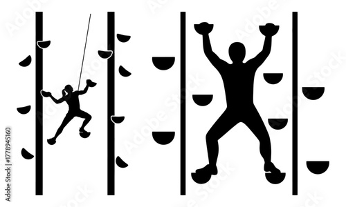 Silhouettes of people rock climbing and bouldering on an indoor climbing wall concept