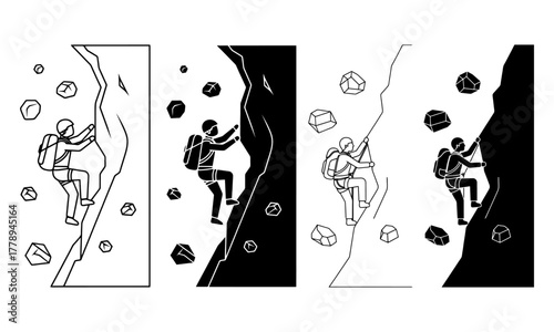 Rock climbing line art and silhouette set: active individuals ascending rugged mountain, adventure