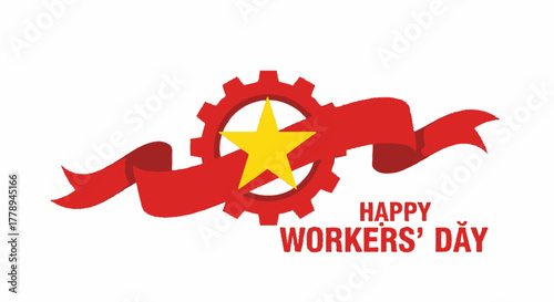 Happy Workers Day illustration with gear star and ribbon.