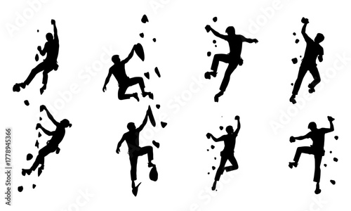 Silhouettes of climbers ascending a rock wall, demonstrating strength, agility, and determination.