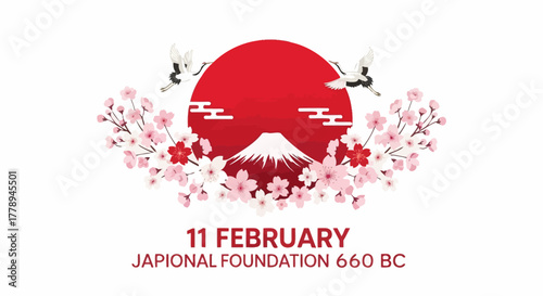 Japan National Foundation Day with Mount Fuji and Cherry Blossoms.