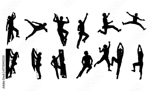 Dynamic collection of rock climbing and bouldering athlete silhouettes in various poses