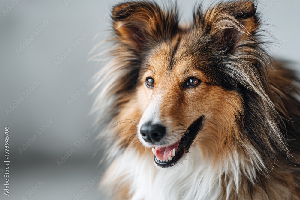 Fototapeta premium shetland sheepdog while standing against minimalist or empty room background