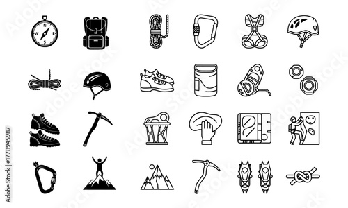 Line icons featuring essential gear for climbing, mountaineering, and outdoor adventures.