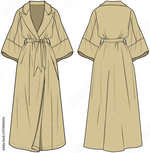 Baggy Sleeve Over Coat, Trench Coat Front and Back Fashion Illustration, Vector, CAD, Technical Drawing, Flat Drawing, Template, Mockup.