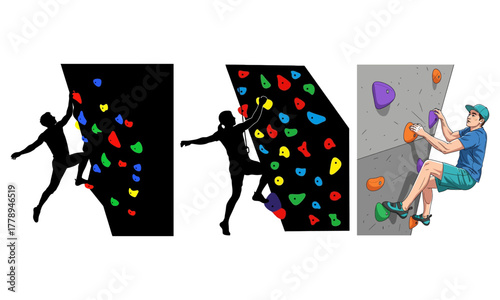 Diverse people climbing on an indoor bouldering wall, showcasing sport and recreation