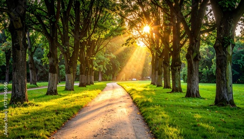 Fototapeta Naklejka Na Ścianę i Meble -  Sunbeams on a park path
