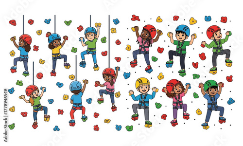 Diverse cartoon children joyfully rock climbing with helmets and harnesses on a colorful wall.