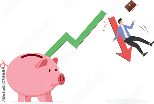 economic bubble crisis cause investors to be in debt or bankrupt concept. Businessman holding falling red estate graph arrow.
