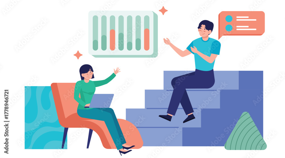 Obraz premium Two businessmen collaborating on presentation and business success planning. Memphis business illustration.