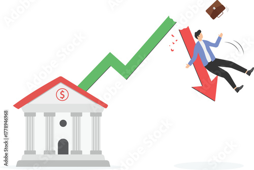 economic bubble crisis cause investors to be in debt or bankrupt concept. Businessman holding falling red estate graph arrow.
