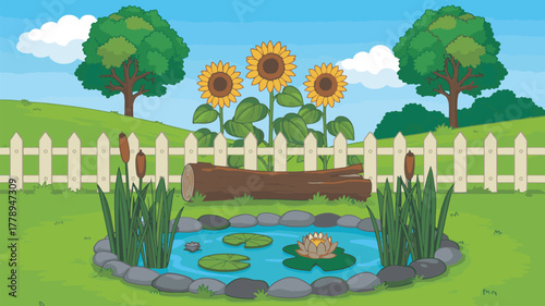 A serene pond with water lilies and sunflowers in a peaceful garden