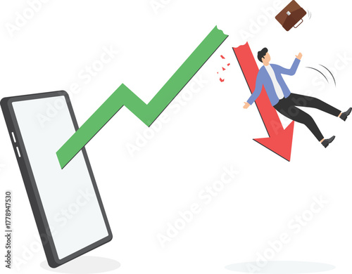 economic bubble crisis cause investors to be in debt or bankrupt concept. Businessman holding falling red estate graph arrow.
