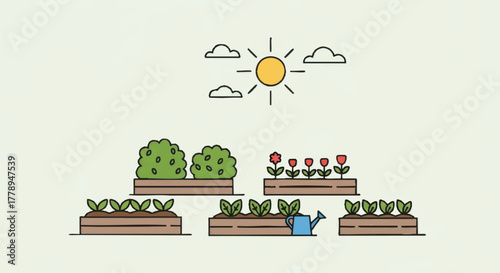 Minimalist vector illustration of an urban community garden. Raised planter beds with seedlings and flowers under a sunny sky. Flat design for agriculture and hobby concepts