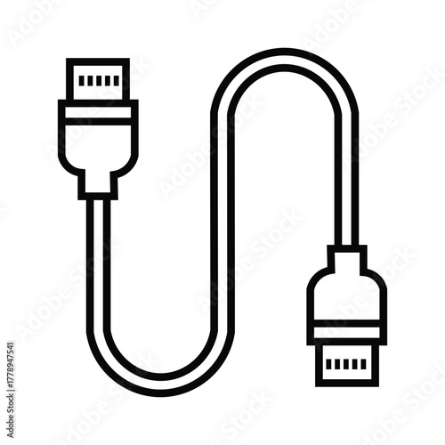 Black outline illustrates a coiled hdmi cable with connectors on white background