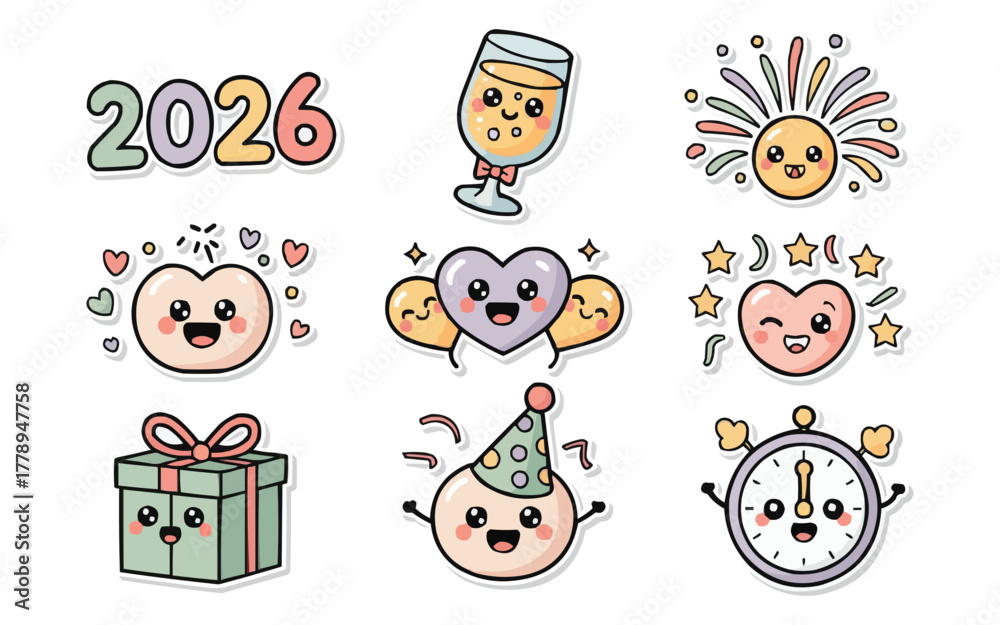 Fototapeta premium Adorable 2026 New Year's Eve celebration with kawaii party icons ready for festive designs, perfect for greeting cards and social media posts